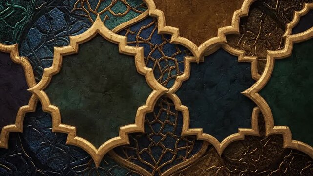 Ornate Islamic geometric pattern featuring gold accents and rich jewel tones