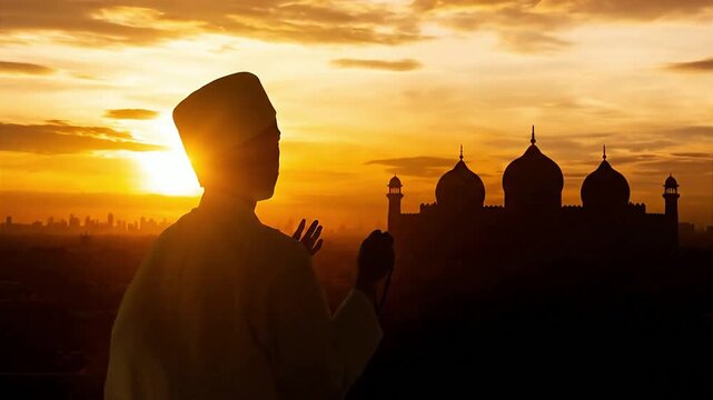 A cinematic video of a Muslim man praying in silhouette during a golden sunset with moving clouds. Featuring a beautiful mosque background, perfect for Ramadan and Eid al-Fitr religious themes
