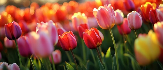 Vibrant Pink Red Tulips Blooming In Sunlight With Soft Bokeh Background flowers