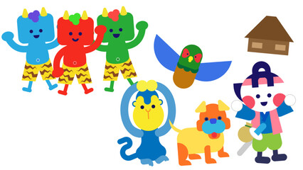 鬼退治を終えて家に帰る桃太郎と仲間たちの日本昔話イラスト