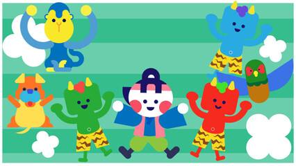 桃太郎と仲間・鬼がそろって踊るハッピーエンドの日本昔話イラスト