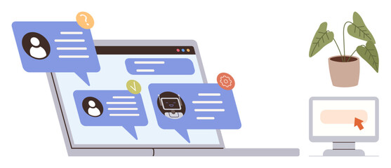 Fototapeta premium Digital communication, remote work, business, online support, customer service, social media. Laptop showing chat messages and notifications. Digital communication and remote work concept