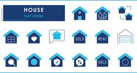 A set of flat icons related to House. Home, sale, sold, rent, insurance, family, shift, sell, love, and so on.