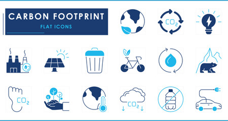 A set of flat icons related to Carbon Footprint. Carbon neutral, green energy, global warming, earth, waste, and so on.