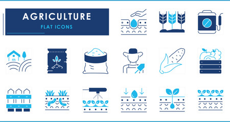 A set of flat icons related to Agriculture. Farm, produce, pesticides, sow, water, irrigate, farmer, and so on.