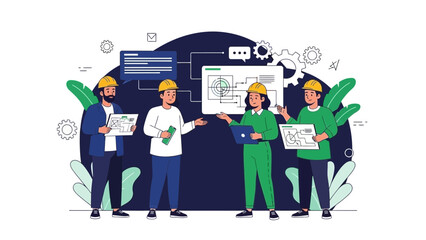 Team of engineers collaborating on a project with blueprints and laptop