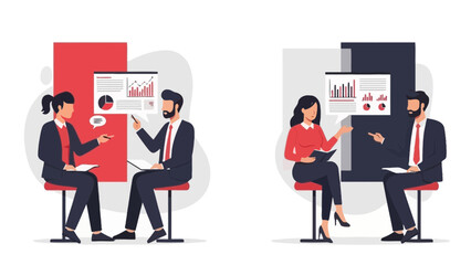 Business meeting with charts and graphs, discussion about analytics and strategy