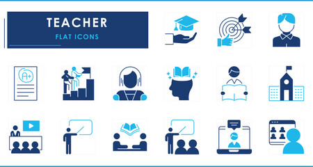 A set of flat icons related to Teacher. Teach, impress, lead, study, focus, embrace, online, coaching, evaluation, and so on.