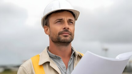 A serious engineer in a hard hat reviews construction drawings  long title A focused construction foreman wearing a hard hat carefully examines