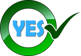 Confirmation: a vibrant blue 'yes' text within a green circular icon and an approving checkmark