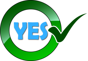 Confirmation: a vibrant blue 'yes' text within a green circular icon and an approving checkmark