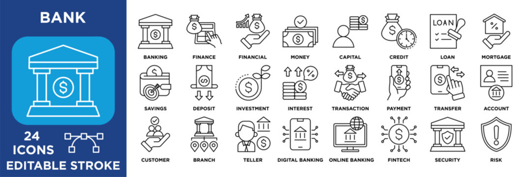 Bank icon collection set. Containing banking services, finance, loans, credit, savings, payments, digital banking, fintech, security, accounts, and transactions. lineal outline