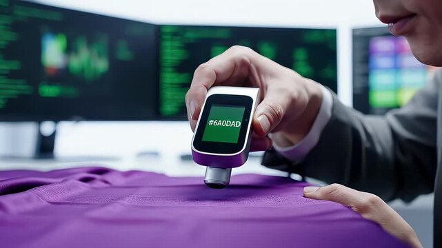 Person Using Colorimeter on Fabric to Measure Color Hex Code