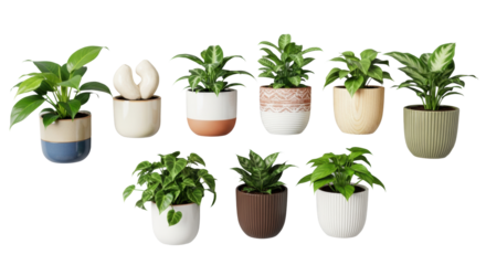 Ultra-realistic, top-down studio photo of eight lush green houseplants in diverse pots, neat horizontal row on a transparent background. Concept for home decor advertising