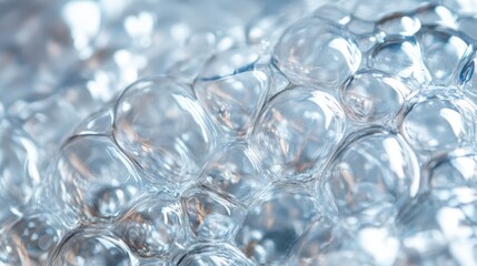 Close Up Cluster of Transparent Glossy Water Bubbles on Blue Icy Surface closeup