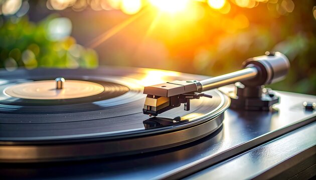 Close-up of a vinyl record on a turntable. Sunlight streams through leaves in the background, creating a warm, nostalgic scene