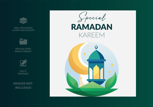 Special ramadan kareem greeting card design with crescent moon and traditional lantern