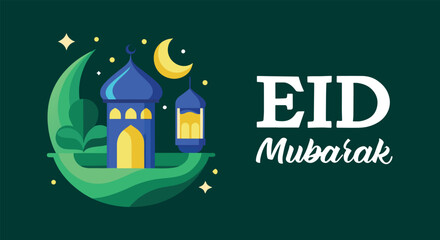 Eid mubarak celebration with mosque and lantern illustration on a green crescent moon