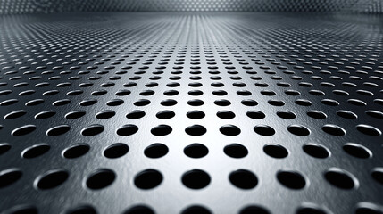 Close-up of a metallic surface featuring a grid of evenly spaced holes, creating an industrial texture and abstract pattern