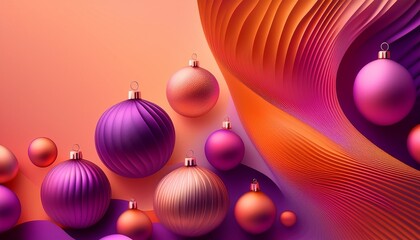 Fototapeta premium Baubles And Merry Christmas Modern Banner Card With Dynamic And Smooth Flowing Gradient Shapes In Plum Light Pink And Vibrant Orange