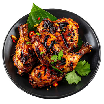 Flavorful ayam bakar dish, featuring tender grilled chicken with a caramelized spice paste, beautifully arranged and isolated on a white background
