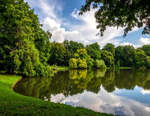 Picturesque park lake scene under a partly cloudy sky