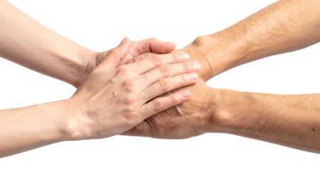 closeup of hands stacked holding each other isolated on white background