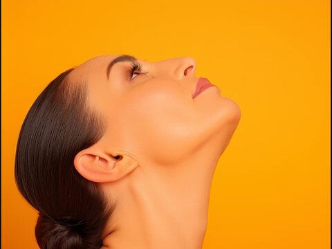 Ethereal Beauty: A woman's profile is bathed in a warm, inviting glow, showcasing smooth skin and a contemplative gaze against a vibrant, uplifting backdrop.