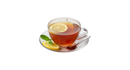 Clear Glass Cup of Hot Black Tea with Lemon and Mint on Black Background
