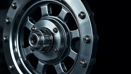 industrialdesign. Close-up of a polished industrial metal wheel with intricate mechanical details on a dark background. safety posters.