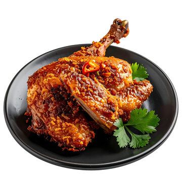 Flavorful bebek goreng dish, featuring tender fried duck with aromatic indonesian spices, beautifully presented and isolated on a white background