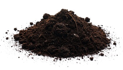 Pile of dark brown soil on white background