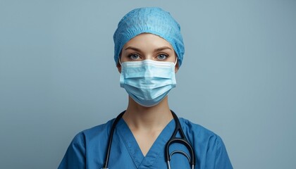 A female medical professional wearing protective gear in a clinical setting.
