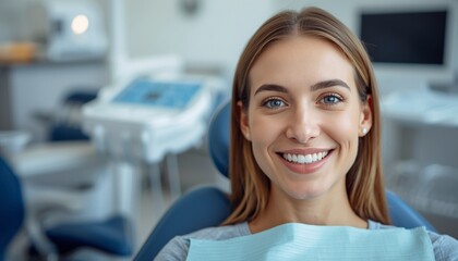 A smiling woman sitting in a dentist's chair with a blue bib, surrounded by dental equipment in a modern clinic.