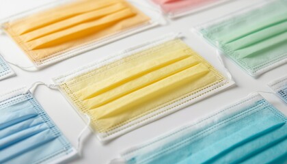 A collection of colorful face masks arranged on a white surface for health and safety.