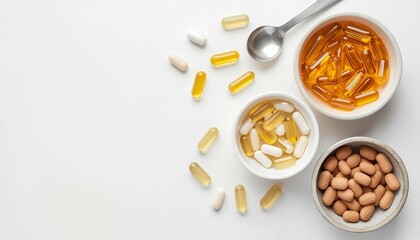 A collection of various vitamins and supplements in bowls and scattered on a white surface