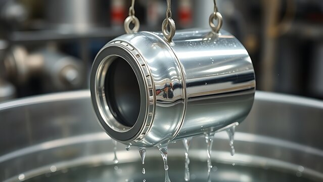 electroplating. A metal component lifted from an electroplating bath, its surface gleaming with fresh chrome. safety posters.
