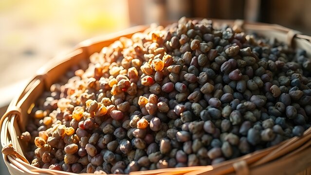 pomace. Pile of pressed grape pomace in a wooden basket in soft sunlight. menu design, packaging mockups, designed for food delivery and cloud-kitchen brand materials, used by software engineers.
