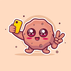 smiling meatball character mascot taking a selfie with a smartphone isolated cartoon 