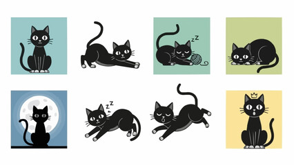 Collection of cute cartoon black cats in various poses.