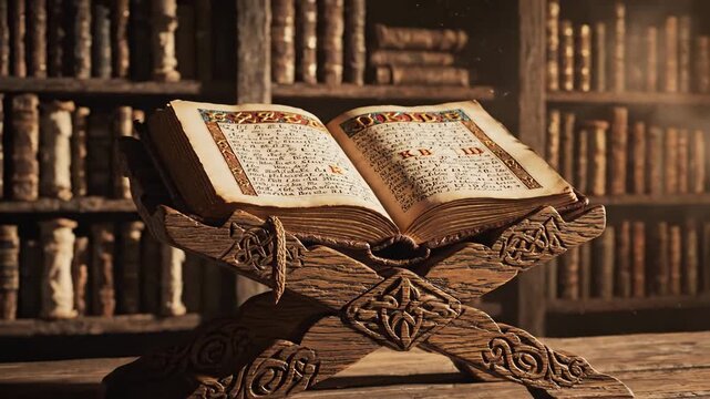 Ancient Sacred Leather Book Open on Ornate Wooden Stand