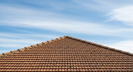 Naklejka premium A red and brown tiled roof against a clear blue sky with white clouds.