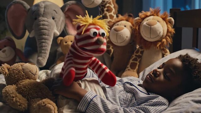 Child Narrates Story to Stuffed Animals with Sock Puppet