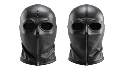 Zippered leather balaclava mask set isolated on transparent background.