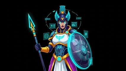 Pixel Art Warrior Woman with Spear and Shield, Futuristic Armor, Digital Interface