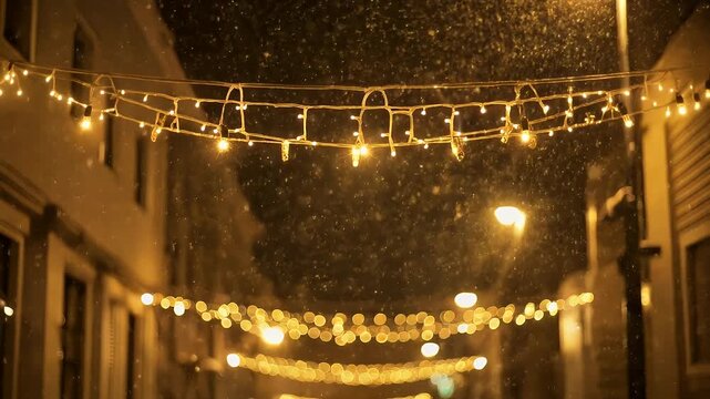 Festive street lights twinkle on a snowy winter night.