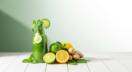 A green smoothie with cucumber, lemon, and mint leaves in a glass bottle on a white wooden table.
