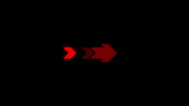 Abstract directional arrow icon red color rightward indicating pointer showing and digital navigation concepts animation on a black background.