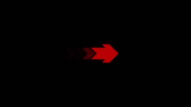 Abstract directional arrow icon red color rightward indicating pointer showing and digital navigation concepts animation on a black background.