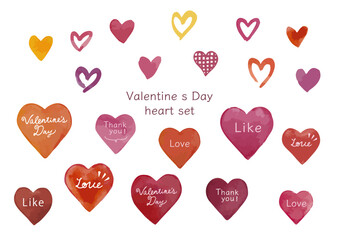 バレンタイン 水彩で描いたハートのベクターイラスト素材セット　ピンクや赤の暖色系